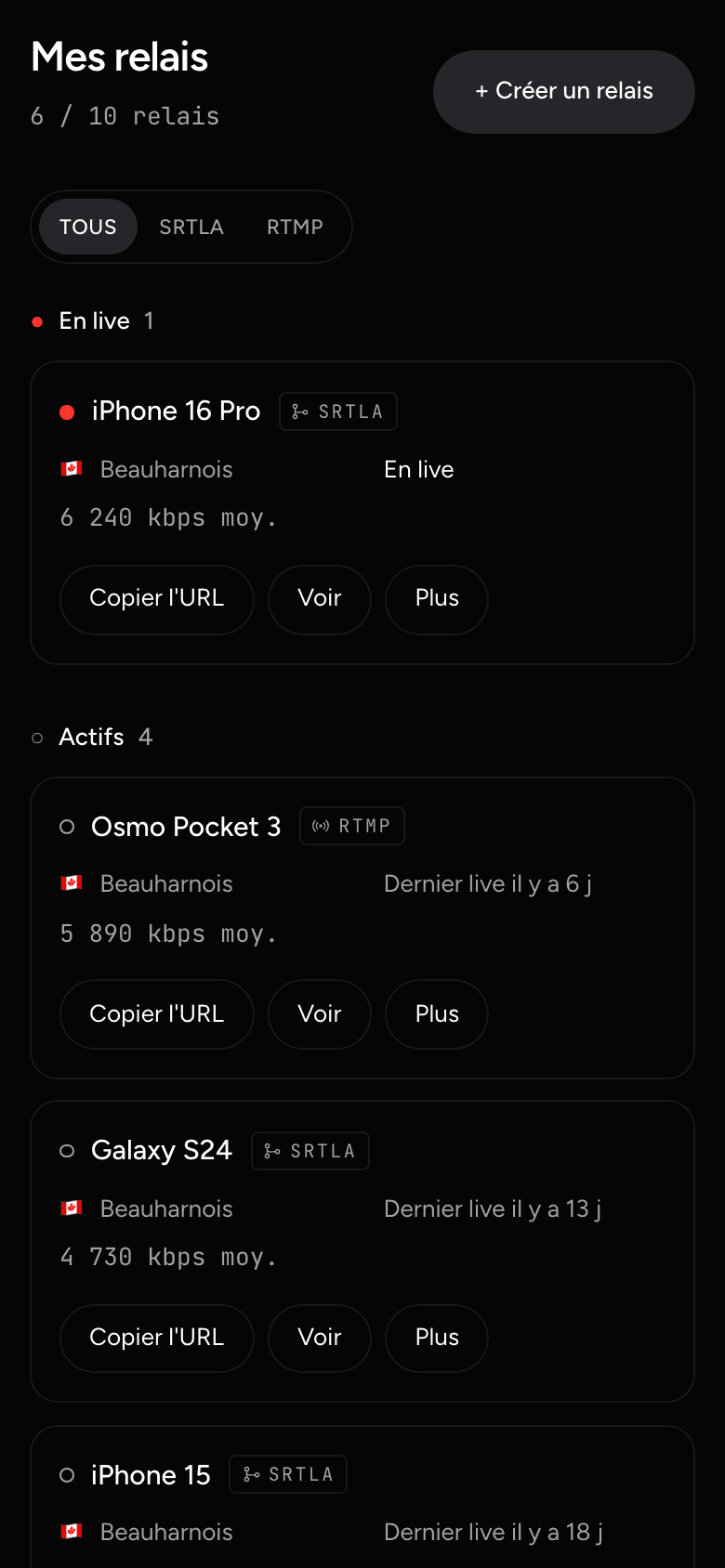 Page des serveurs sur mobile